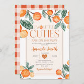 緑のオレンジ2つの小さなかわいこちゃんが途中にある 招待状 (正面/裏面)