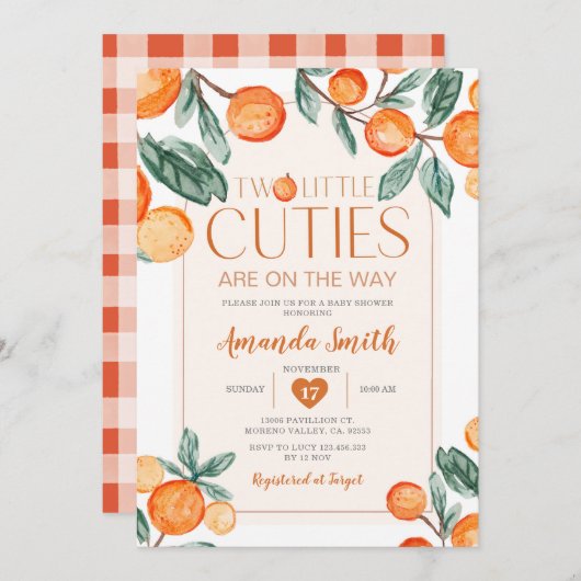 緑のオレンジ2つの小さなかわいこちゃんが途中にある 招待状 (正面/裏面)