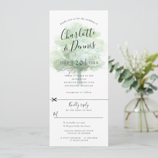 緑のオークの木の結婚式招待状、rsvpが接続されています 招待状 (スタンド正面)