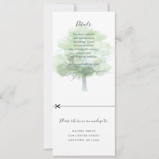 緑のオークの木の結婚式招待状、rsvpが接続されています 招待状 (裏面)