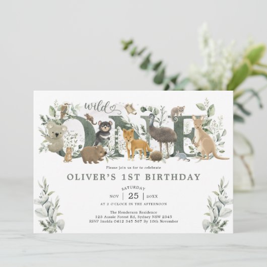 緑のオーストラリアの動物ワイルドワン1歳の誕生日 招待状 (スタンド正面)