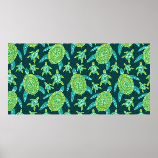 緑のオーナメントカメのシームレスなパターン。海 ポスター (正面)