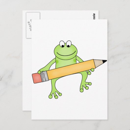 緑のカエルと鉛筆のTシャツとギフト ポストカード (正面/裏面)