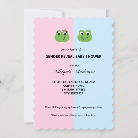 緑のカエルの性別が明らかに赤ちゃん用シャワー招待状 招待状 (正面)