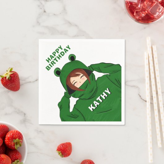 緑のカエルフーディを着た女の子の誕生日イラスト スタンダードカクテルナプキン (インサイチュ)