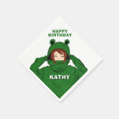 緑のカエルフーディを着た女の子の誕生日イラスト スタンダードカクテルナプキン (角)