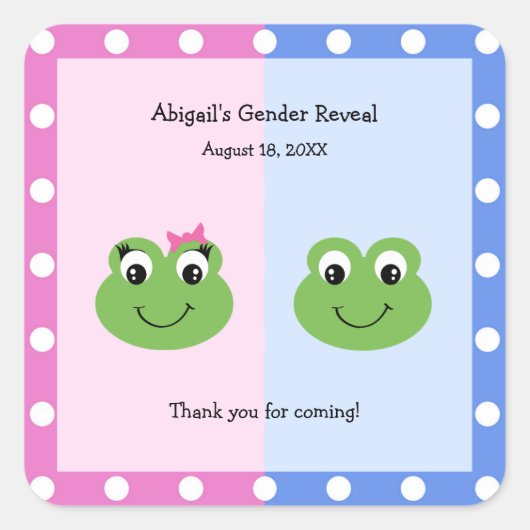 緑のカエル性別が赤ちゃんのシャワーを明らかにする スクエアシール (正面)
