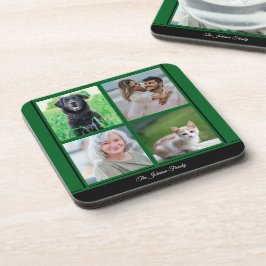 緑のカスタマイズ可能なファミリー名と写真のコラージュ コースター