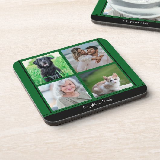 緑のカスタマイズ可能なファミリー名と写真のコラージュ コースター (左側)
