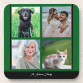緑のカスタマイズ可能なファミリー名と写真のコラージュ コースター (正面)