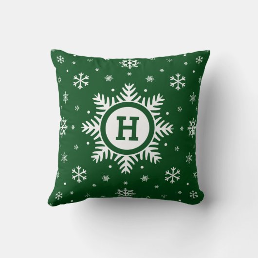 緑のカスタムなモノグラムのクリスマスの雪片の枕 クッション (裏面)