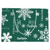 緑のカスタムネームクリスマスホリデー雪 ラージペーパーバッグ (裏面)