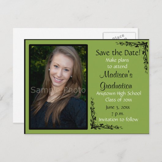 緑のカスタム写真の卒業式の日付カードを保存 ポストカード (正面/裏面)