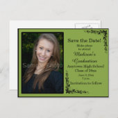 緑のカスタム写真の卒業式の日付カードを保存 ポストカード (正面/裏面)