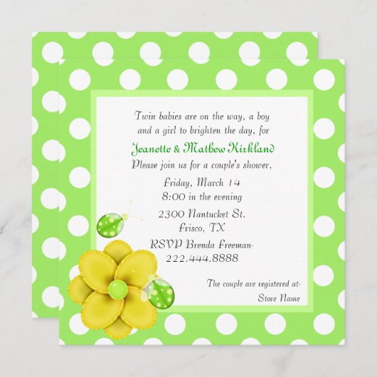 緑のカップルの双生児のベビーシャワーの招待状 招待状 (正面/裏面)