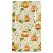 緑のカボチャとオレンジ色の感謝的な葉パンプキ スモールペーパーバッグ (正面)