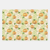 緑のカボチャとオレンジ色の感謝的な葉パンプキ ラッピングペーパーシート (正面)