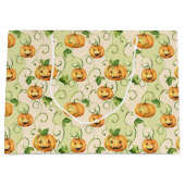 緑のカボチャとオレンジ色の感謝的な葉パンプキ ラージペーパーバッグ (正面)