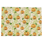 緑のカボチャとオレンジ色の感謝的な葉パンプキ ラージペーパーバッグ (裏面)