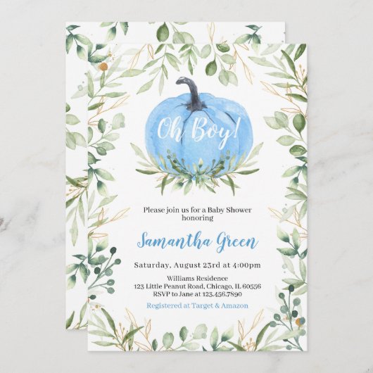 緑のカボチャの赤ちゃんシャワー 招待状 (正面/裏面)