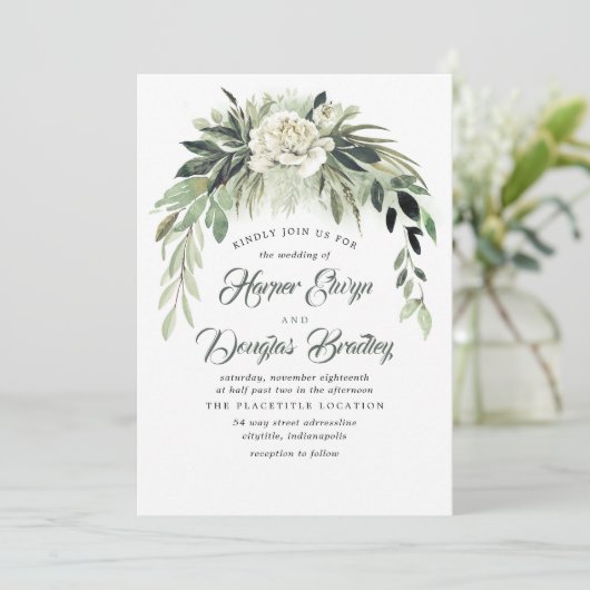 緑のガーランドと白い牡丹ヴィンテージの結婚式 招待状 (スタンド正面)