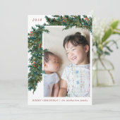 緑のガーランドと赤い麻布のホリデー写真 シーズンカード (スタンド正面)