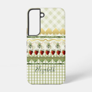 緑のガーリー格子縞とチェック蜂のハート名 SAMSUNG GALAXY S22ケース