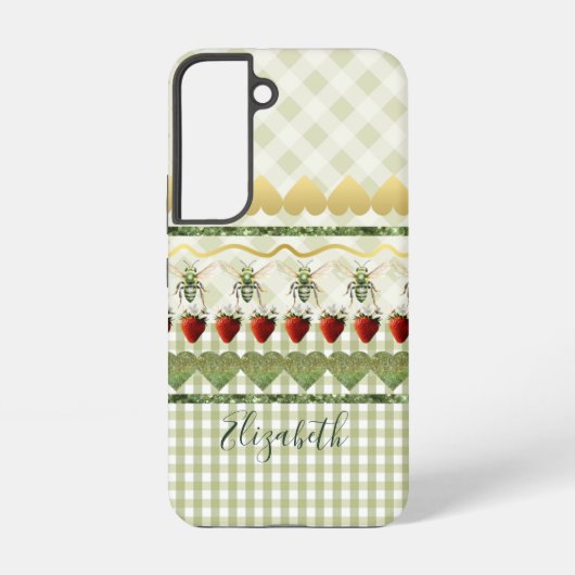 緑のガーリー格子縞とチェック蜂のハート名 SAMSUNG GALAXYケース (裏面)