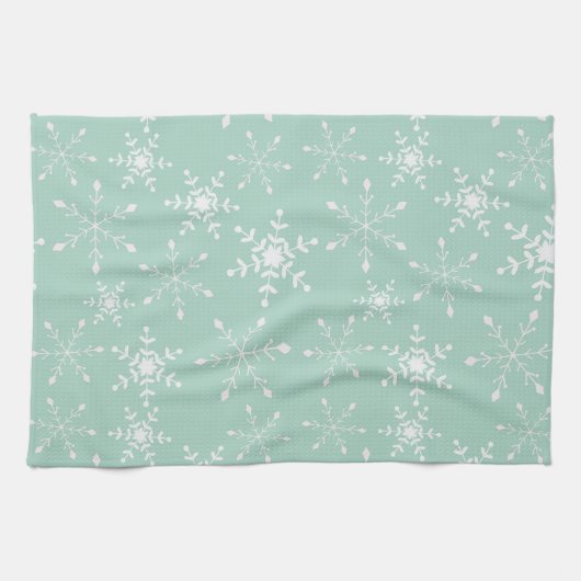 緑のキッチンの背景を持つ雪片 キッチンタオル (横)