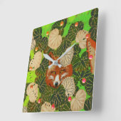 緑のキツネと葉の間葉の赤い スクエア壁時計 (傾斜)