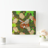 緑のキツネと葉の間葉の赤い スクエア壁時計 (ホーム)