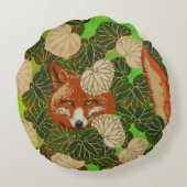 緑のキツネと葉の間葉の赤い ラウンドクッション (裏面)