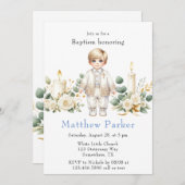 緑のキャンドル漫画の男の子バプテスマ 招待状 (正面/裏面)