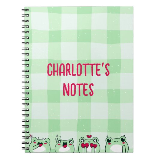 緑のキュートな子供用カスタマイズ可能マンガ風イラストのカエル ノートブック (正面)