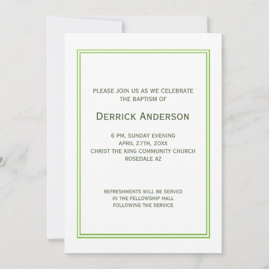 緑のキリスト教十字バプテスマ 招待状 (裏面)