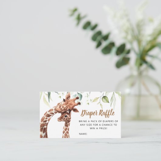 緑のキリン赤ちゃんシャワーおむつラッフル 名刺 (スタンド正面)