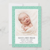 緑のギリシャ鍵ベビー誕生発表写真 案内状 (正面)