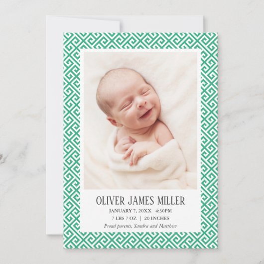 緑のギリシャ鍵ベビー誕生発表写真 案内状 (正面)