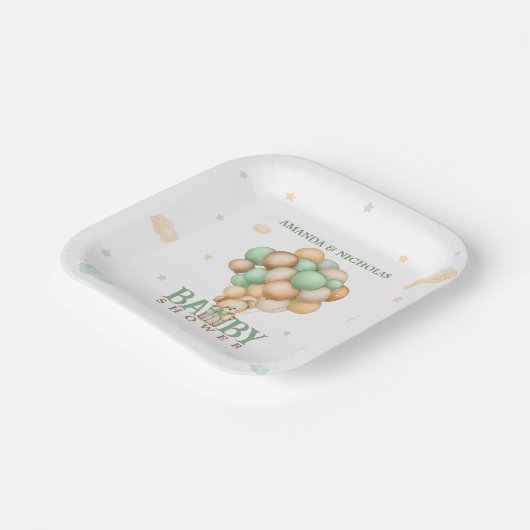 緑のクマのバルーン弓ベビーシャワー ペーパープレート (傾斜あり)