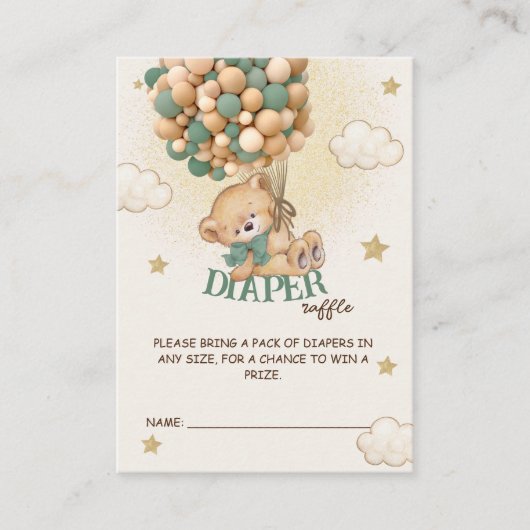 緑のクマのバルーン赤ちゃんシャワーおむつラッフル エンクロージャーカード (正面)