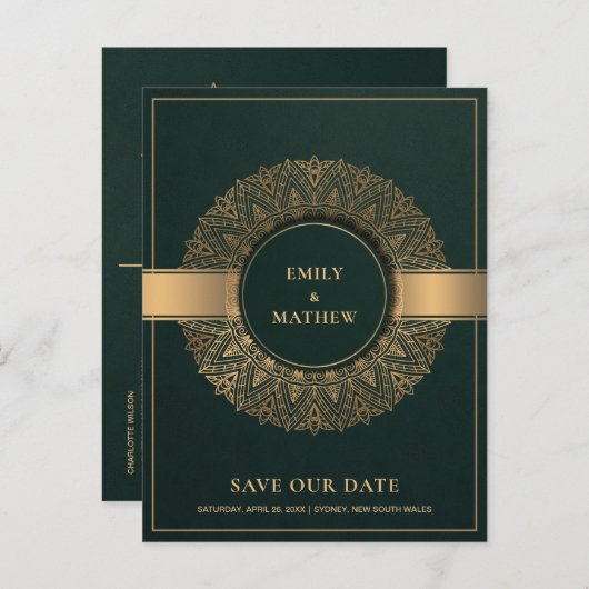緑のクラシック金ゴールド華美マンダラ日付を保存 案内ポストカード (正面/裏面)