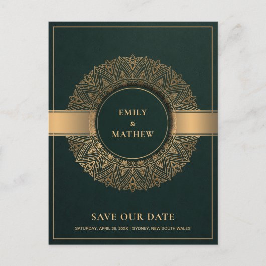 緑のクラシック金ゴールド華美マンダラ日付を保存 案内ポストカード (正面)