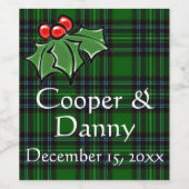 緑のクラシック黒い格子模様のクリスマスホリー緑 ワインラベル (シングルラベル)