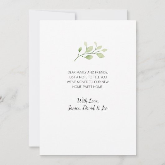 緑のクリエレガントーム色の水色フローラ移動 案内状 (裏面)