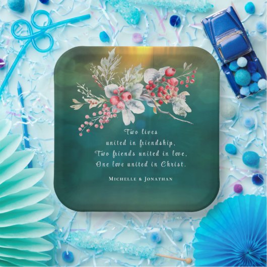 緑のクリスチャンウェディングでのエレガントなウィンターフローラル, クリスチャンのパーソナライズされ ペーパープレート (パーティー)