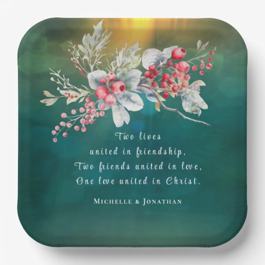 緑のクリスチャンウェディングでのエレガントなウィンターフローラル, クリスチャンのパーソナライズされ ペーパープレート (正面)