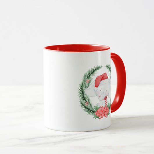 緑のクリスマスに可愛い白い象 マグカップ (正面右)