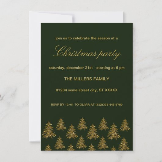 緑のクリスマスに輝く金ゴールドクリスマスツリー 招待状 (正面)