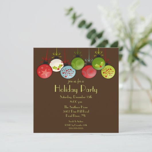 緑のクリスマスのオーナメントの休日のパーティの招待状 招待状 (スタンド正面)