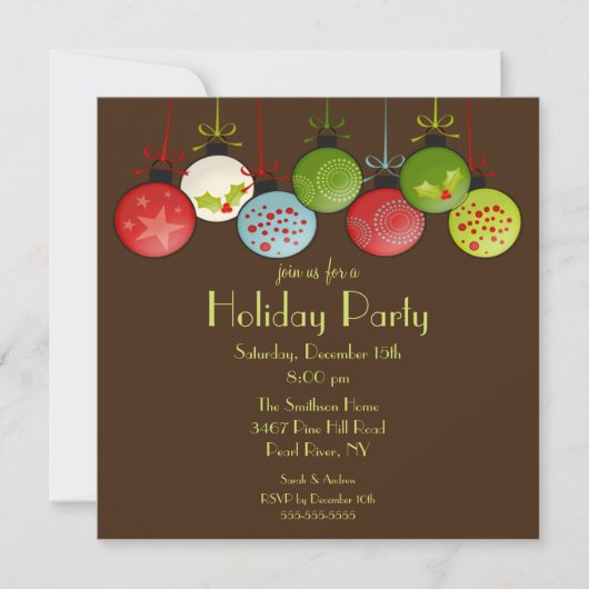 緑のクリスマスのオーナメントの休日のパーティの招待状 招待状 (正面)